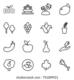 thin line icon set : bio, flower bed, island, lemon, trees, grape, corn, seedling, eggplant, apple, pear, hand leaf, garden, ecology, maple, blower