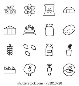 thin line icon set : bio, atom, nuclear power, hangare, greenhouse, flower bed, flour, potato, spikelets, seeds, seedling, garden, carrot, ecology