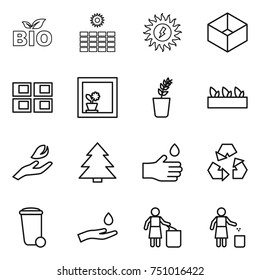 thin line icon set : bio, sun power, box, panel house, flower in window, seedling, hand leaf, spruce, drop, recycling, trash bin, and, garbage