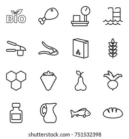 thin line icon set : bio, chicken leg, warehouse scales, pool, garlic clasp, walnut crack, cereals, spikelets, honeycombs, berry, pear, beet, pills bottle, jug, fish, bread