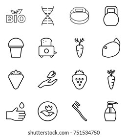 thin line icon set : bio, dna, smart bracelet, heavy, bucket, toaster, carrot, lemon, berry, hand leaf, strawberry, drop, ecology, tooth brush, liquid soap