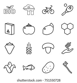 thin line icon set : bio, factory filter, bike, tennis, cereals, tomato, lemon, honeycombs, berry, spikelets, mushroom, harvest, corn, fish, potato, tooth brush