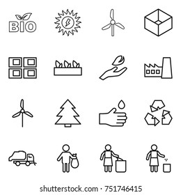 thin line icon set : bio, sun power, windmill, box, panel house, seedling, hand leaf, factory, spruce, drop, recycling, trash truck, garbage bin