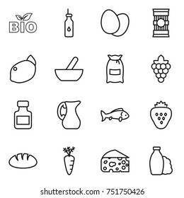 thin line icon set : bio, vegetable oil, eggs, pasta, lemon, mortar, flour, grape, pills bottle, jug, fish, strawberry, bread, carrot, cheese, shampoo