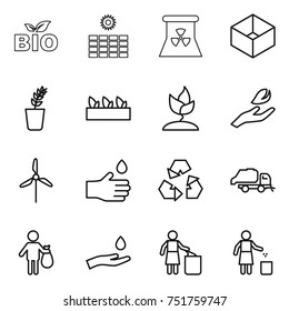 thin line icon set : bio, sun power, nuclear, box, seedling, sprouting, hand leaf, windmill, drop, recycling, trash truck, and, garbage bin
