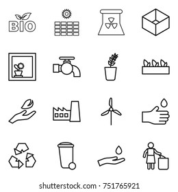 thin line icon set : bio, sun power, nuclear, box, flower in window, water tap, seedling, hand leaf, factory, windmill, drop, recycling, trash bin, and, garbage