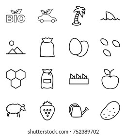 thin line icon set : bio, eco car, palm, shark flipper, landscape, flour, eggs, seeds, honeycombs, seedling, apple, sheep, strawberry, watering can, potato
