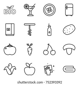 thin line icon set : bio, cocktail, cooler fan, fridge, corkscrew, vegetable oil, potato, tomato, carrot, cherry, mushroom, corn, apple, wiping, towel