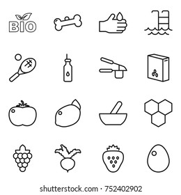 thin line icon set : bio, bone, acid, pool, tennis, vegetable oil, garlic clasp, cereals, tomato, lemon, mortar, honeycombs, grape, beet, strawberry, egg
