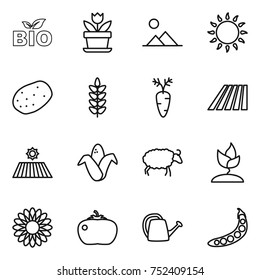 thin line icon set : bio, flower, landscape, gas oven, potato, spikelets, carrot, field, corn, sheep, sprouting, tomato, watering can, peas