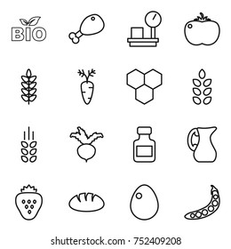 thin line icon set : bio, chicken leg, warehouse scales, tomato, spikelets, carrot, honeycombs, beet, pills bottle, jug, strawberry, bread, egg, peas