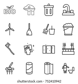 thin line icon set : bio, factory filter, bin, water tap, windmill, broom, bucket and, foam, tooth brush, wiping, clean window, skysrcapers cleaning, vacuum cleaner, cleanser powder, paper towel