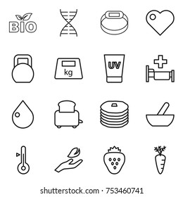 thin line icon set : bio, dna, smart bracelet, heart, heavy, uv cream, hospital, drop, toaster, pancakes, mortar, thermometer, hand leaf, strawberry, carrot