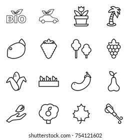 thin line icon set : bio, eco car, flower, palm, lemon, berry, trees, grape, corn, seedling, eggplant, pear, hand leaf, garden, maple, blower