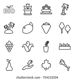 thin line icon set : bio, flower, bed, palm, island, lemon, berry, trees, grape, corn, seedling, pear, hand leaf, maple, blower
