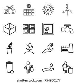 thin line icon set : bio, sun power, windmill, box, panel house, flower in window, water tap, seedling, sprouting, hand leaf, factory, trash bin, and drop, garbage