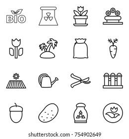 thin line icon set : bio, nuclear power, flower, bed, perishable, island, flour, carrot, field, watering can, pruner, grain elevator, acorn, potato, fertilizer, ecology