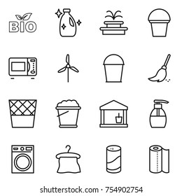 thin line icon set : bio, cleanser, fountain, bucket, microwave oven, windmill, broom, trash bin, foam, utility room, liquid soap, washing machine, hanger, powder, paper towel