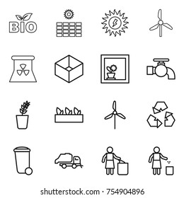 thin line icon set : bio, sun power, windmill, nuclear, box, flower in window, water tap, seedling, recycling, trash bin, truck, garbage