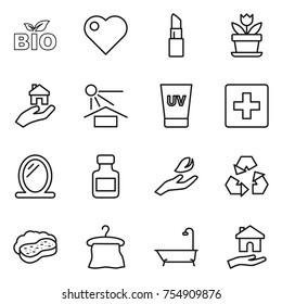 thin line icon set : bio, heart, lipstick, flower, real estate, sun potection, uv cream, first aid, mirror, pills bottle, hand leaf, recycling, sponge with foam, hanger, bath, housing