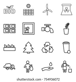 thin line icon set : bio, sun power, windmill, nuclear, panel house, flower in window, water tap, seedling, spruce, recycling, trash bin, truck, hand and drop, garbage