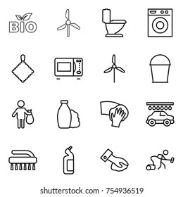 thin line icon set : bio, windmill, toilet, washing machine, rag, microwave oven, bucket, trash, shampoo, wiping, car wash, brush, cleanser, vacuum cleaner