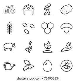 thin line icon set : bio, barn, tourist, potato, spikelets, seeds, honeycombs, mushroom, sheep, goose, sprouting, hand leaf, watering can, wasp, egg, ecology