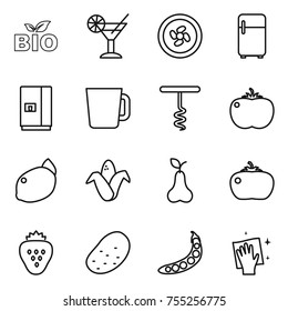 thin line icon set : bio, cocktail, cooler fan, fridge, cup, corkscrew, tomato, lemon, corn, pear, strawberry, potato, peas, wiping