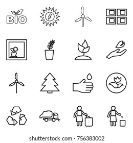 Thin line icon set : bio, sun power, windmill, panel house, flower in window, seedling, sprouting, hand leaf, spruce, drop, ecology, recycling, trash truck, garbage bin