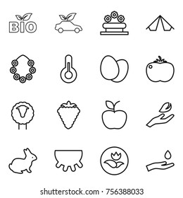 Thin line icon set : bio, eco car, flower bed, tent, hawaiian wreath, thermometer, eggs, tomato, sheep, berry, apple, hand leaf, rabbit, udder, ecology, and drop