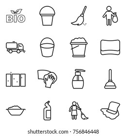 Thin line icon set : bio, bucket, broom, trash, sweeper, foam, sponge, clean window, wiping, liquid soap, plunger, basin, toilet cleanser, brooming, floor washing