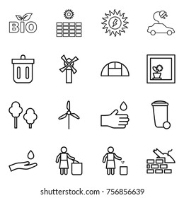 Thin line icon set : bio, sun power, electric car, bin, windmill, greenhouse, flower in window, trees, hand drop, trash, and, garbage, construct