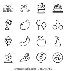 Thin line icon set : bio, eco car, flower, bed, palm, lemon, trees, cherry, grape, eggplant, apple, pear, sprouting, hand leaf, garden, ecology