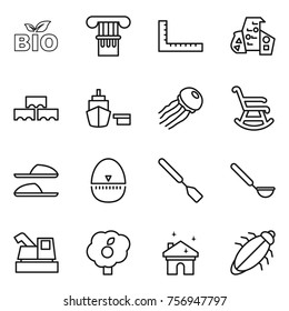 Thin line icon set : bio, column, ruler, modern architecture, block wall, port, jellyfish, rocking chair, slippers, egg timer, spatula, ladle, harvester, garden, house cleaning, bug