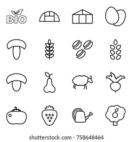 Thin line icon set : bio, greenhouse, eggs, mushroom, spikelets, coffee seeds, pear, sheep, beet, tomato, strawberry, watering can, garden