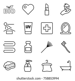 Thin line icon set : bio, heart, lipstick, real estate, sun potection, uv cream, first aid, mirror, towel, pills bottle, rake, tooth brush, sponge with foam, liquid soap, hanger, bath