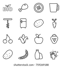 Thin line icon set : bio, chicken leg, cooler fan, cup, corkscrew, fridge, potato, carrot, cherry, corn, apple, strawberry, peas, shampoo, wiping