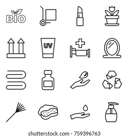 Thin line icon set : bio, cargo stoller, lipstick, flower, top sign, uv cream, hospital, mirror, towel, pills bottle, hand leaf, recycling, rake, sponge with foam, and drop, liquid soap
