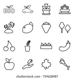 Thin line icon set : bio, eco car, flower, bed, island, lemon, berry, trees, cherry, seedling, eggplant, apple, hand leaf, maple, blower