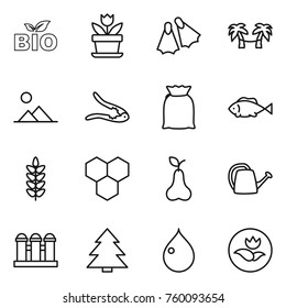 Thin line icon set : bio, flower, flippers, palm hammock, landscape, walnut crack, flour, fish, spikelets, honeycombs, pear, watering can, grain elevator, spruce, drop, ecology