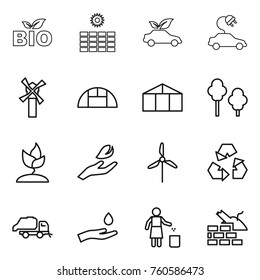 Thin line icon set : bio, sun power, eco car, electric, windmill, greenhouse, trees, sprouting, hand leaf, recycling, trash truck, and drop, garbage bin, construct