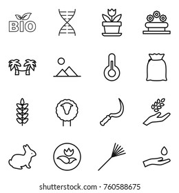 Thin line icon set : bio, dna, flower, bed, palm hammock, landscape, thermometer, flour, spikelets, sheep, sickle, harvest, rabbit, ecology, rake, hand and drop