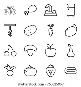 Thin line icon set : bio, chicken leg, water tap, fridge, corkscrew, potato, carrot, lemon, cherry, mushroom, apple, pear, beet, tomato, strawberry, towel