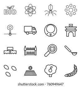 Thin line icon set : bio, atom, virus, round around, laser, delivery, necklace, arch, block wall, gothic architecture, cargo search, ladle, seeds, field, garden, peas