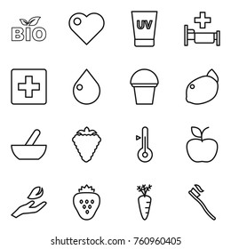 Thin line icon set : bio, heart, uv cream, hospital, first aid, drop, bucket, lemon, mortar, berry, thermometer, apple, hand leaf, strawberry, carrot, tooth brush