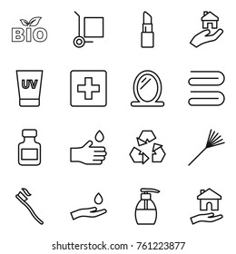 Thin line icon set : bio, cargo stoller, lipstick, real estate, uv cream, first aid, mirror, towel, pills bottle, hand drop, recycling, rake, tooth brush, and, liquid soap, housing