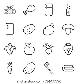 Thin line icon set : bio, chicken leg, fridge, vegetable oil, potato, lemon, mushroom, corn, apple, beet, strawberry, carrot, tooth brush, towel