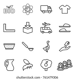 Thin line icon set : bio, atom, delivery, t shirt, ruler, package, transfer, slippers, colander, ladle, goose, hand leaf, jug, wasp, garden, outsource