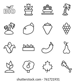 Thin line icon set : bio, flower, bed, palm, island, lemon, berry, grape, corn, seedling, eggplant, pear, sprouting, garden, maple leaf, blower