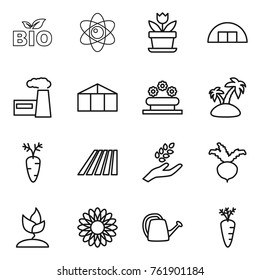 Thin line icon set : bio, atom, flower, hangare, factory, greenhouse, bed, island, carrot, field, harvest, beet, sprouting, watering can